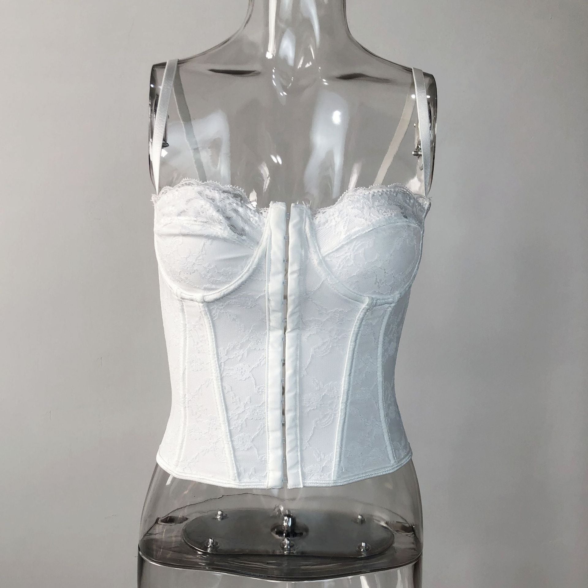 Damenbekleidung Sexy einfarbig Spitze Spaghettiträger Korsett Mieder Stahlring umwickelte Brust Knopfleiste rückenfreies Bustier
