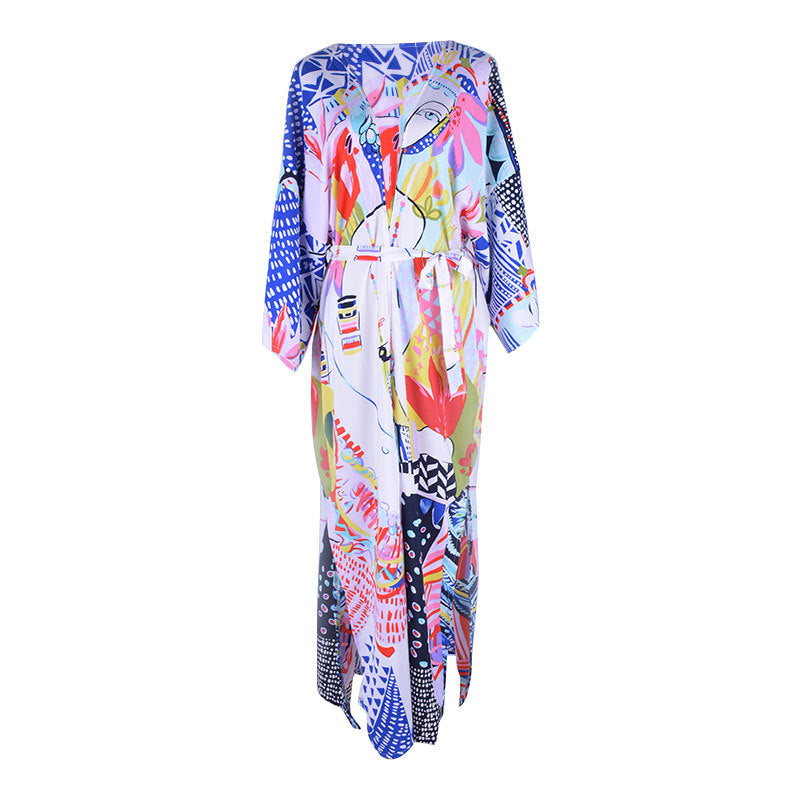 Cardigan mi-long imprimé en rayonne, protection solaire, pour la plage, paréo, châle.