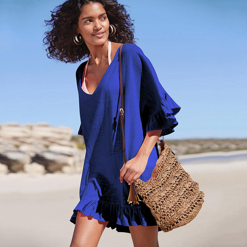 Slub Cotton V Neck Bikini Cover Up Beach Cover Up Vacation Swimsuit outside Overclothes Women Sun Protection