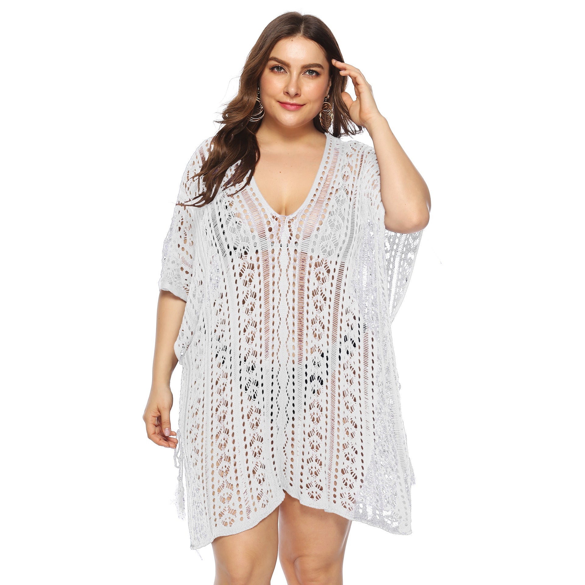 Damen Kleidung Sexy Durchsichtig Hohl Ausgeschnitten Fledermausärmel V-Ausschnitt Unregelmäßiger Asymmetrischer Schlitz Strand Vertuschung Kleid Damen