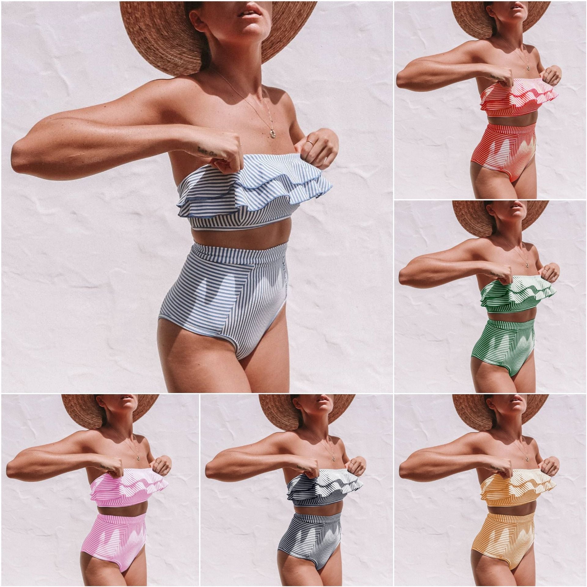 Maillot de bain deux pièces asymétrique avec rayures, volants et taille haute pour femme