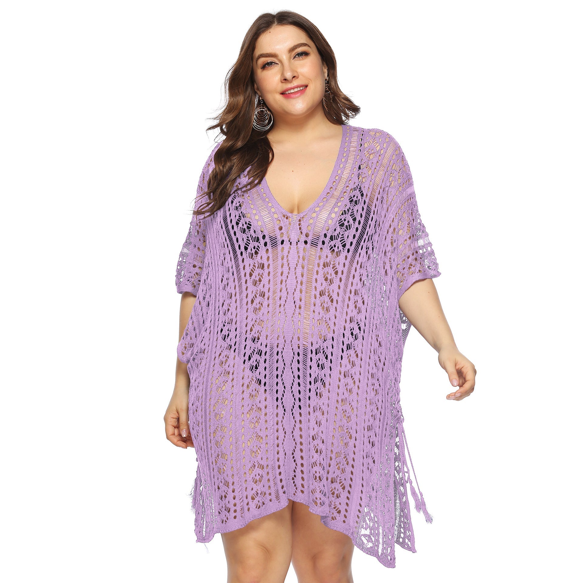 Damen Kleidung Sexy Durchsichtig Hohl Ausgeschnitten Fledermausärmel V-Ausschnitt Unregelmäßiger Asymmetrischer Schlitz Strand Vertuschung Kleid Damen