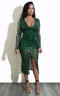 Robe de soirée sexy à col en V plongeant, à paillettes et manches longues fendues