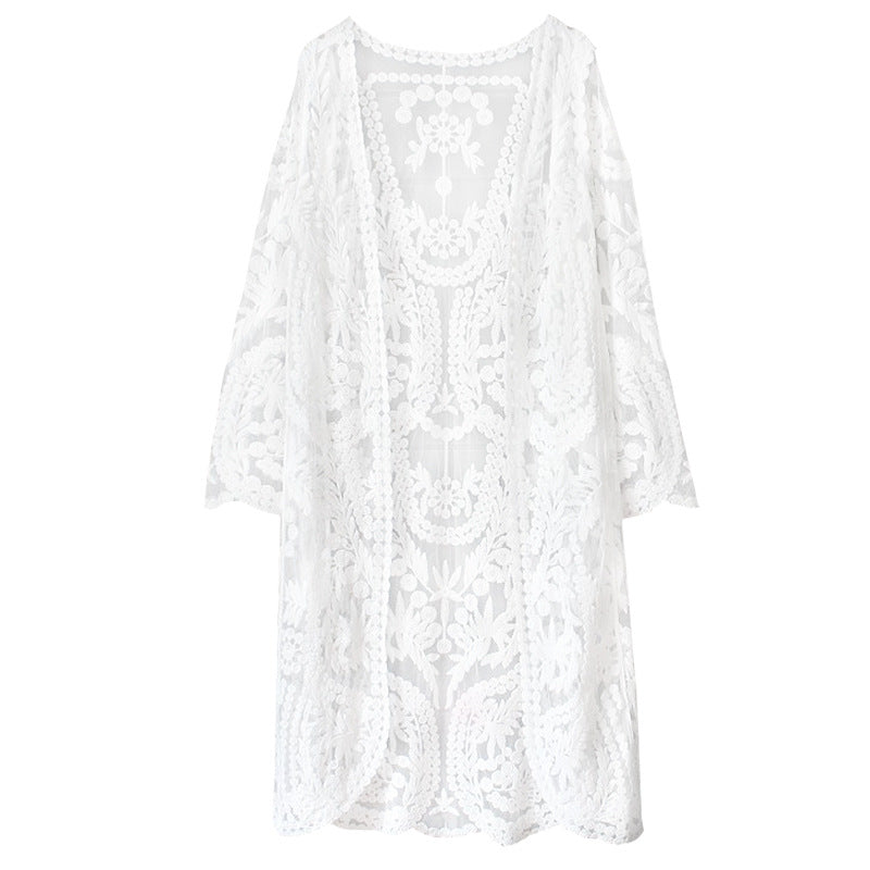 Maillot de bain en maille transparente, long, assorti à un vêtement de protection solaire, cardigan brodé en dentelle, bikini de plage, veste de plage pour femmes.