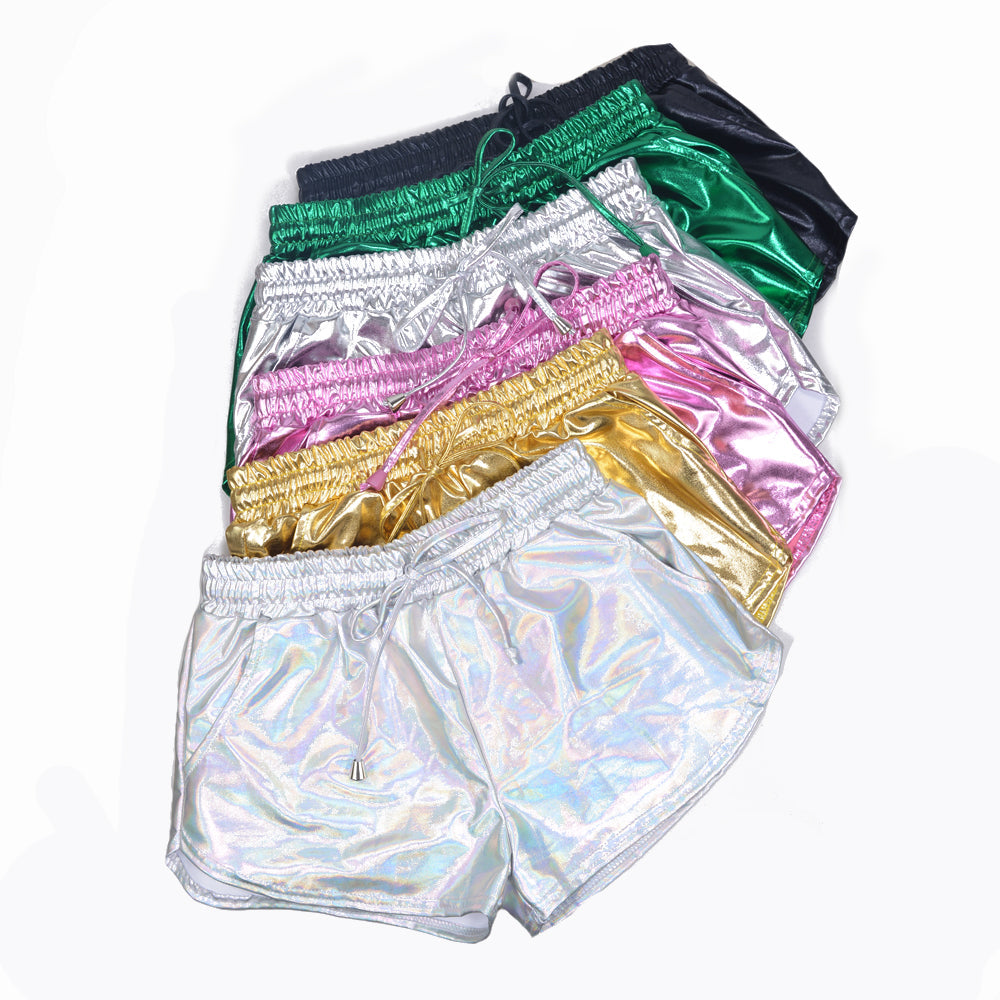 Tissu Enduit Métallique Couleur Unie Short en Dentelle Élastique Assorti Pantalon en Cuir Pantalon en Cuir Verni Vêtements Sexy pour Femmes