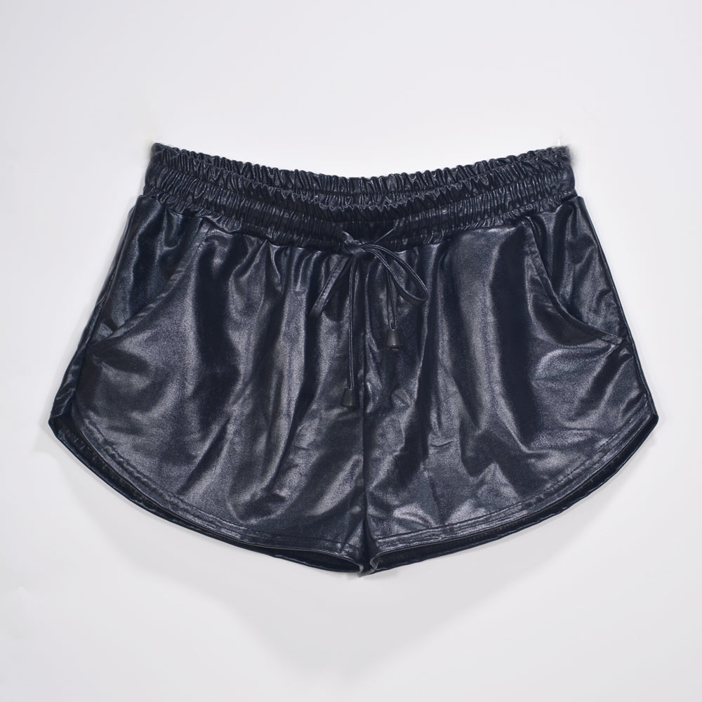 Tissu Enduit Métallique Couleur Unie Short en Dentelle Élastique Assorti Pantalon en Cuir Pantalon en Cuir Verni Vêtements Sexy pour Femmes