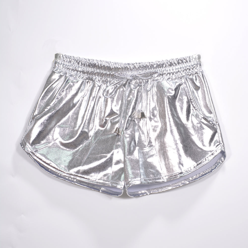 Tissu Enduit Métallique Couleur Unie Short en Dentelle Élastique Assorti Pantalon en Cuir Pantalon en Cuir Verni Vêtements Sexy pour Femmes