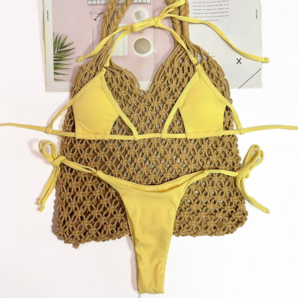 Badeanzug Spezialstoff Versenkter Streifen Träger Sexy Dreiteiler Bikini Badeanzug Damen