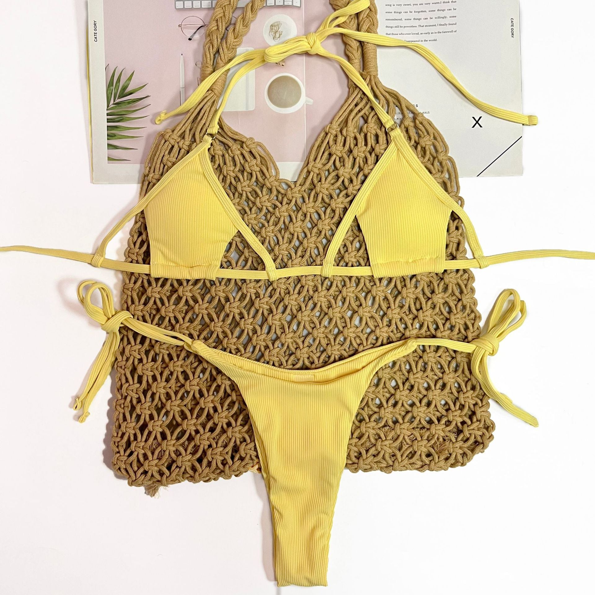 Badeanzug Spezialstoff Versenkter Streifen Träger Sexy Dreiteiler Bikini Badeanzug Damen
