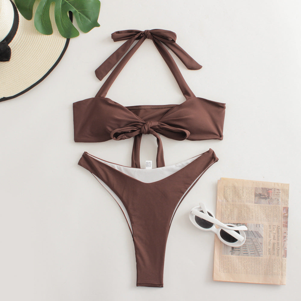 Bikini Split Badeanzug Damen Geraffter Unifarbener Nylon-Badeanzug
