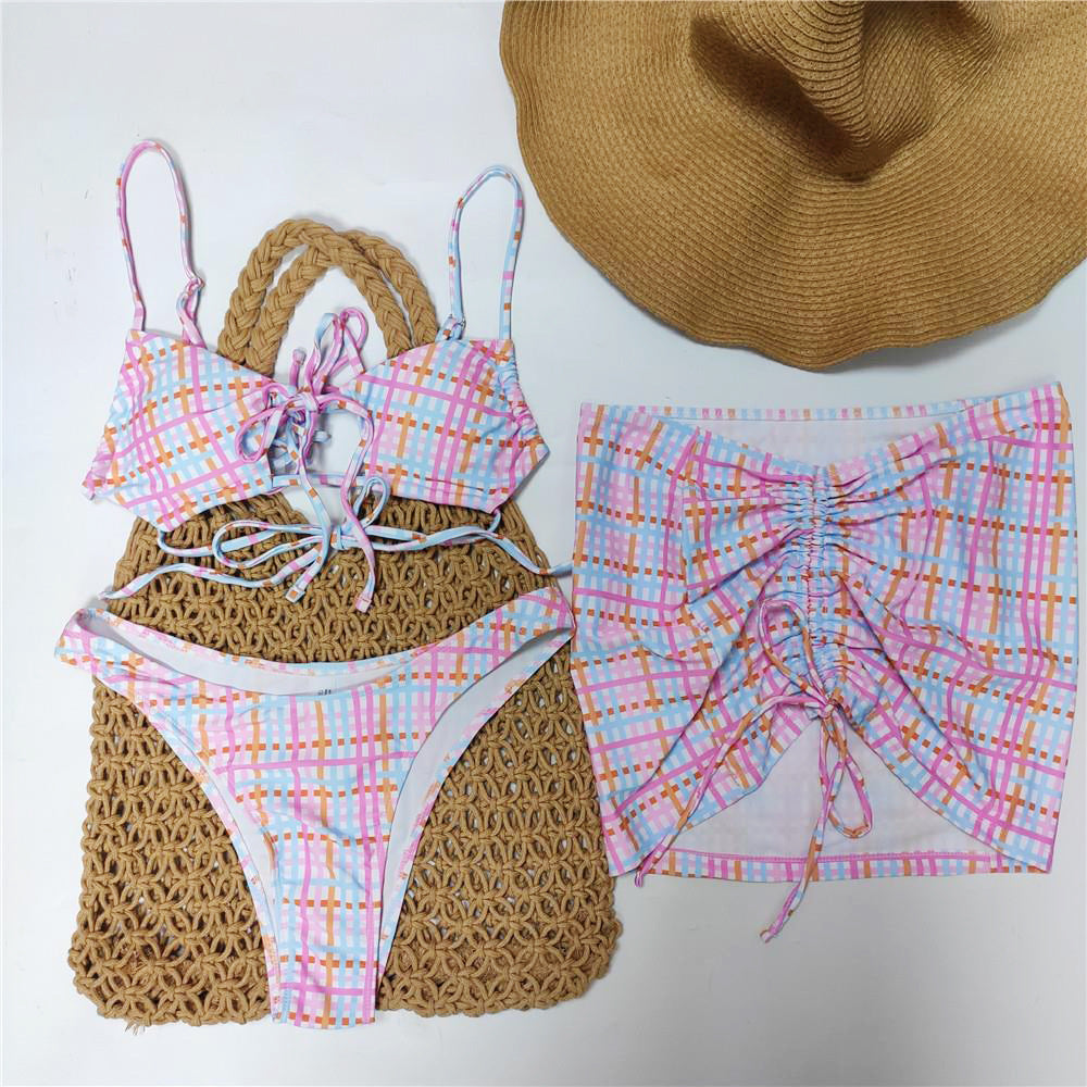 Bademode Damen Bedruckter dreiteiliger Set Split Badeanzug Bikini