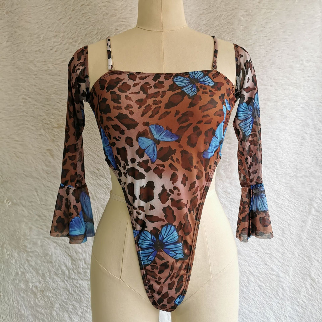 Leopard Print Mesh One-Piece Badeanzug mit Ärmeln Bademode Neu Sexy Bikini