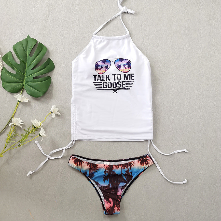 Badeanzug mit Kokosnussbaum-Print zum Schnüren, konservativer bauchbedeckender Damen-Bikini