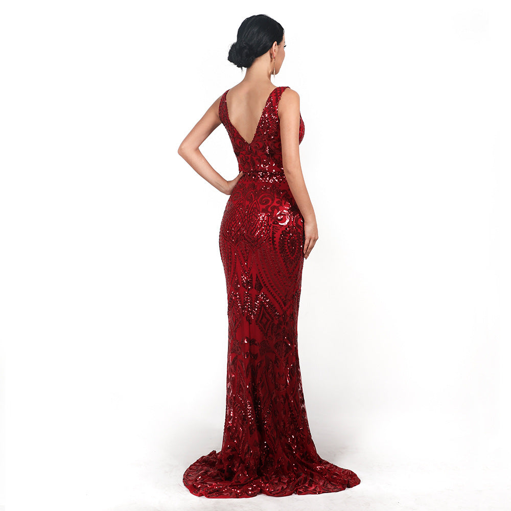 Robe de soirée pour femmes Col en V sexy sans manches Paillettes Géométrique Abstrait Vintage Dos nu Élégante Robe longue réfléchissante Robe de cérémonie
