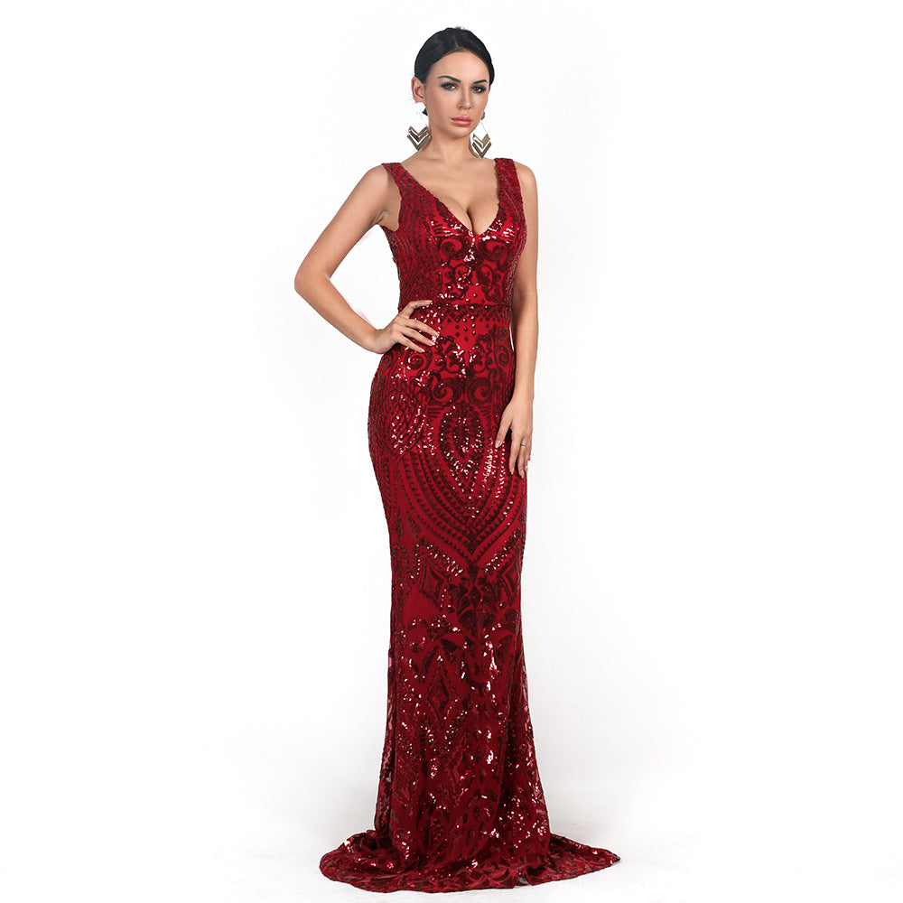 Robe de soirée pour femmes Col en V sexy sans manches Paillettes Géométrique Abstrait Vintage Dos nu Élégante Robe longue réfléchissante Robe de cérémonie