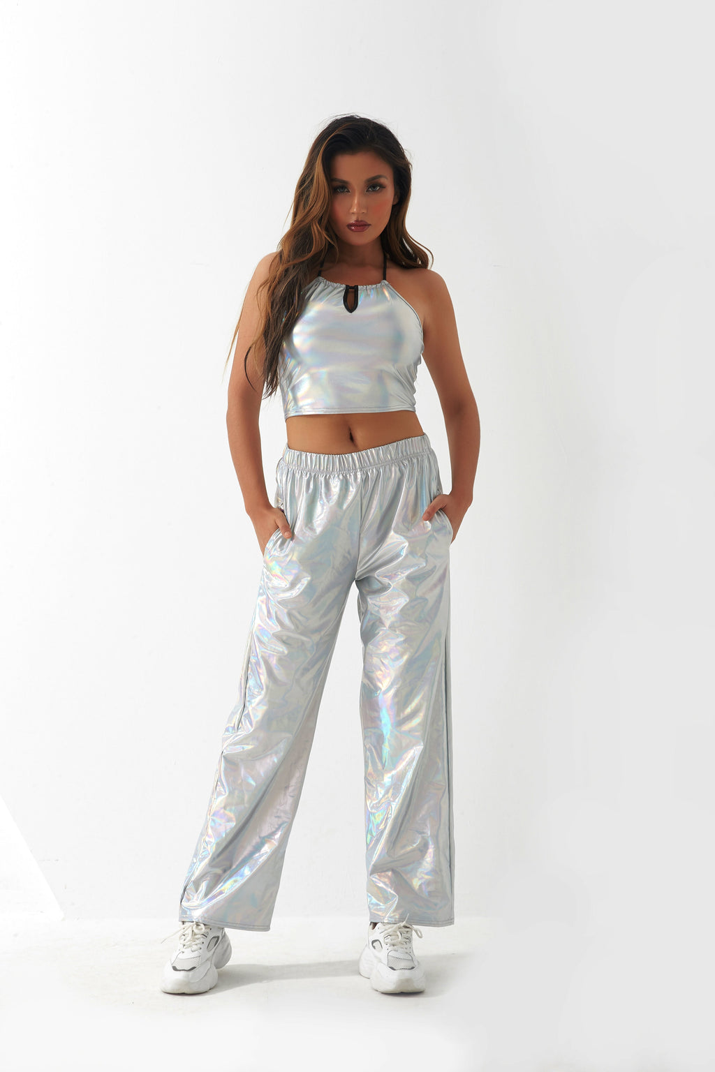 Metallisch beschichtete Stoff Freizeithose Damen High Street Design Aurora Laser Gradient Hohe Taille Gerade Hose All Matching Elastische Mop-Hose