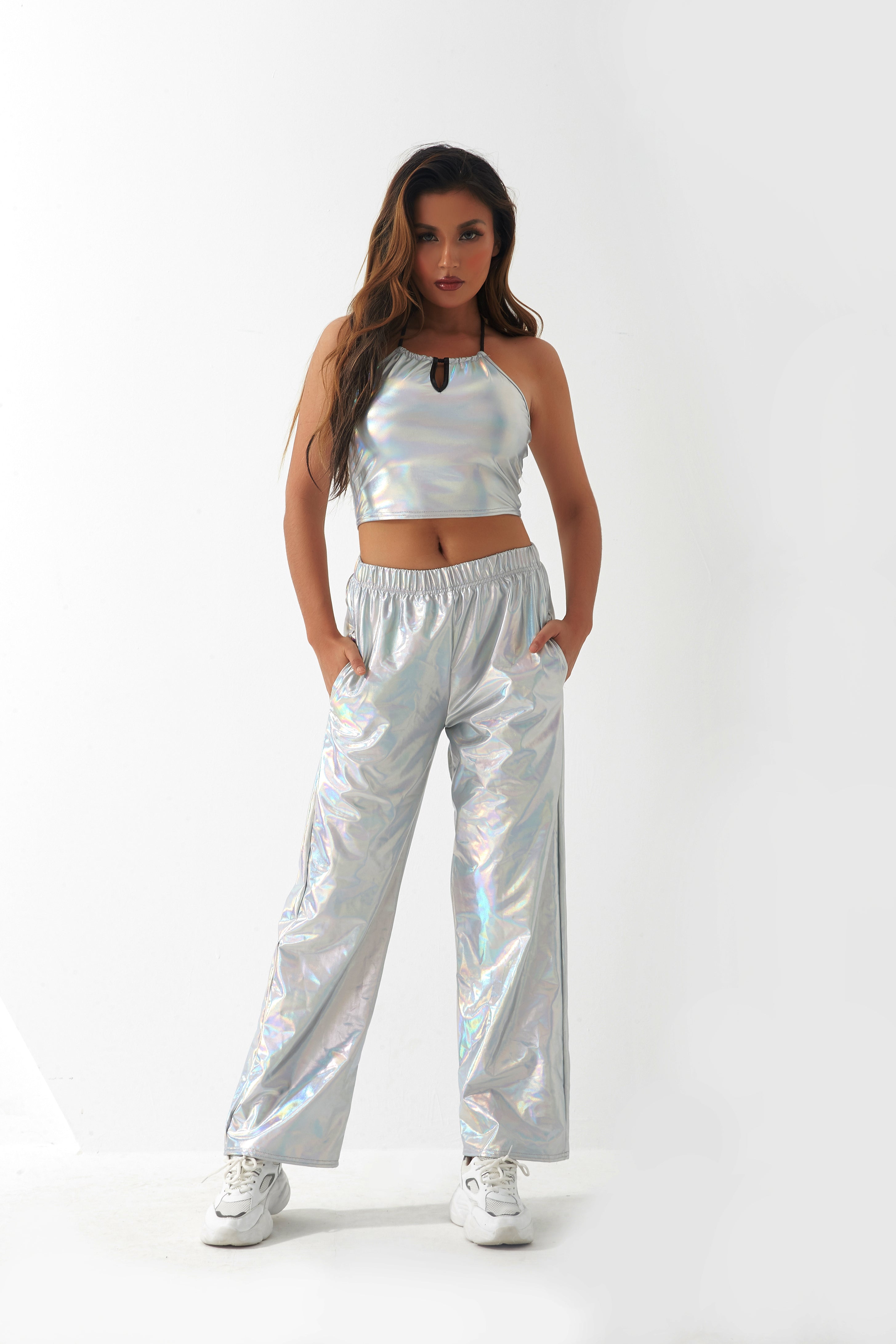 Metallisch beschichtete Stoff Freizeithose Damen High Street Design Aurora Laser Gradient Hohe Taille Gerade Hose All Matching Elastische Mop-Hose