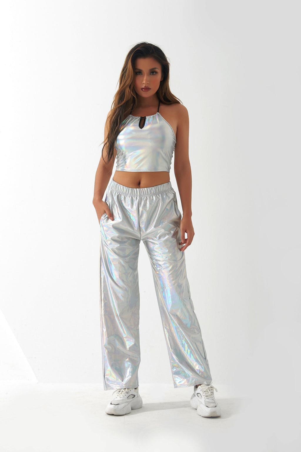 Metallisch beschichtete Stoff Freizeithose Damen High Street Design Aurora Laser Gradient Hohe Taille Gerade Hose All Matching Elastische Mop-Hose