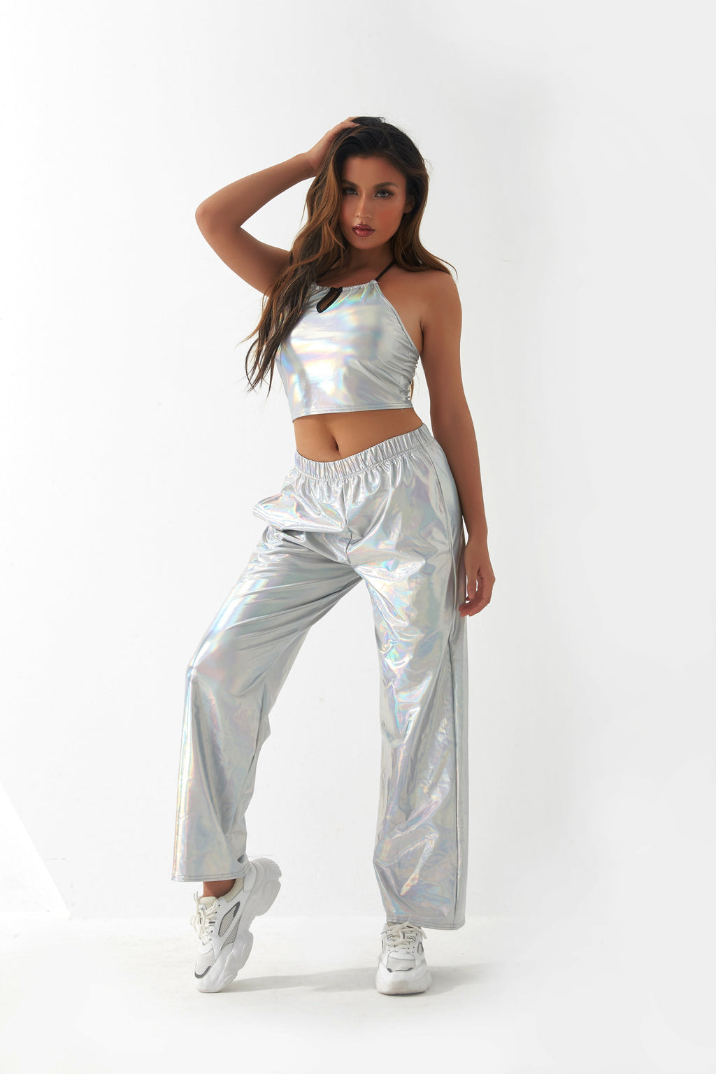 Metallisch beschichtete Stoff Freizeithose Damen High Street Design Aurora Laser Gradient Hohe Taille Gerade Hose All Matching Elastische Mop-Hose