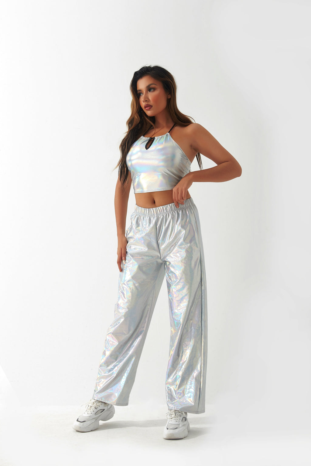 Metallisch beschichtete Stoff Freizeithose Damen High Street Design Aurora Laser Gradient Hohe Taille Gerade Hose All Matching Elastische Mop-Hose