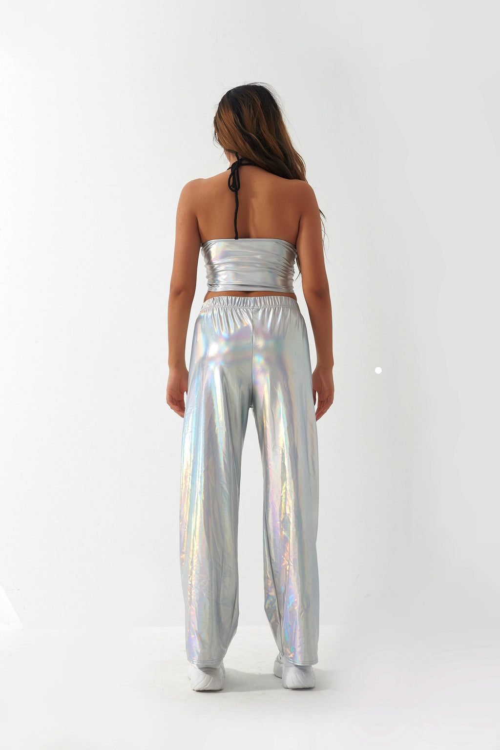 Metallisch beschichtete Stoff Freizeithose Damen High Street Design Aurora Laser Gradient Hohe Taille Gerade Hose All Matching Elastische Mop-Hose
