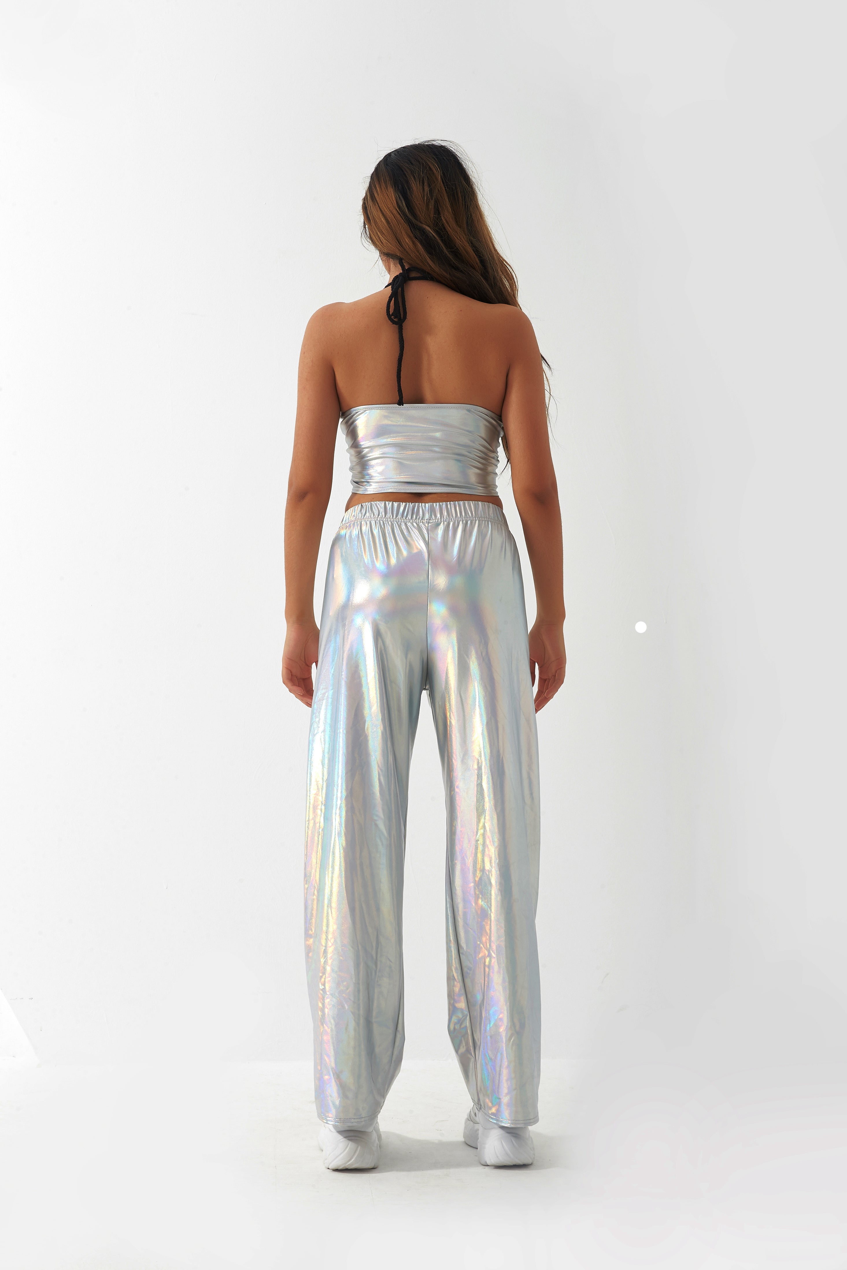 Metallisch beschichtete Stoff Freizeithose Damen High Street Design Aurora Laser Gradient Hohe Taille Gerade Hose All Matching Elastische Mop-Hose