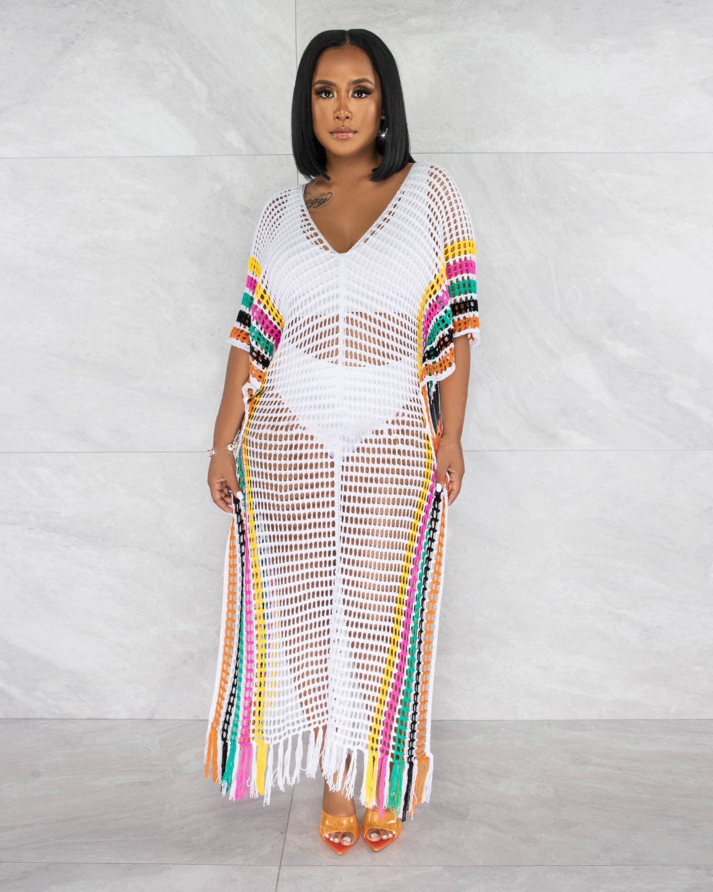Robe d'été femme sexy en laine, crochetée main, tricotée, avec pompons, couleurs assorties, robe de plage