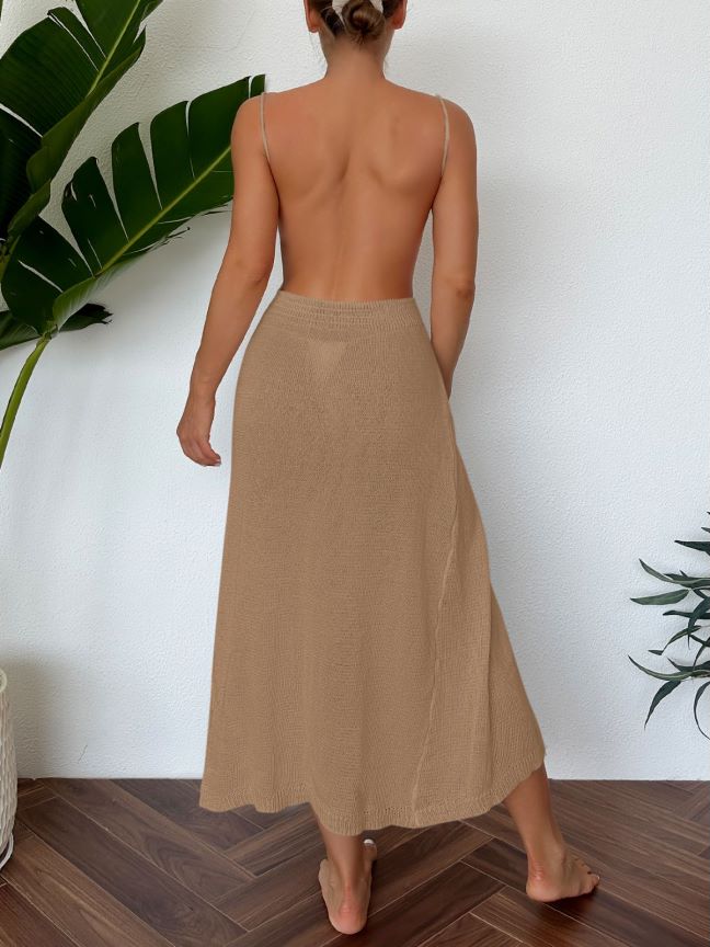 Damen gestricktes Neckholder-Kleid mit Hosenträgern, sexy seitlichem Cut-Out, hohem Schlitz, Quasten, Strand-Maxikleid, Häkelnadel