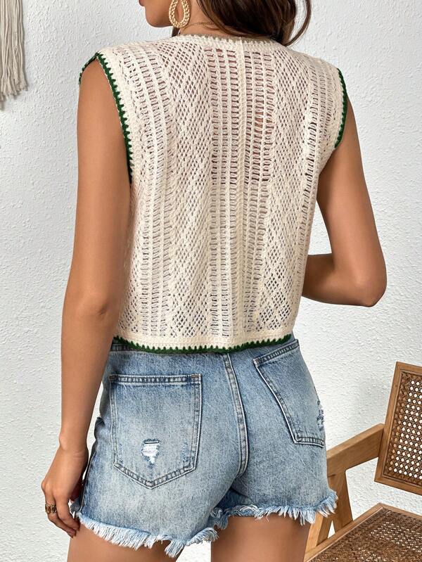 Femmes Nouveau Printemps et Automne Gilet Court Creux Tricoté Assorti à Tout Crochet