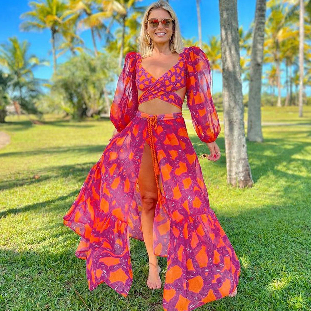 Maillot de bain femme taille haute fendu manches longues sexy dos nu bretelles croisées décolleté plongeant bikini