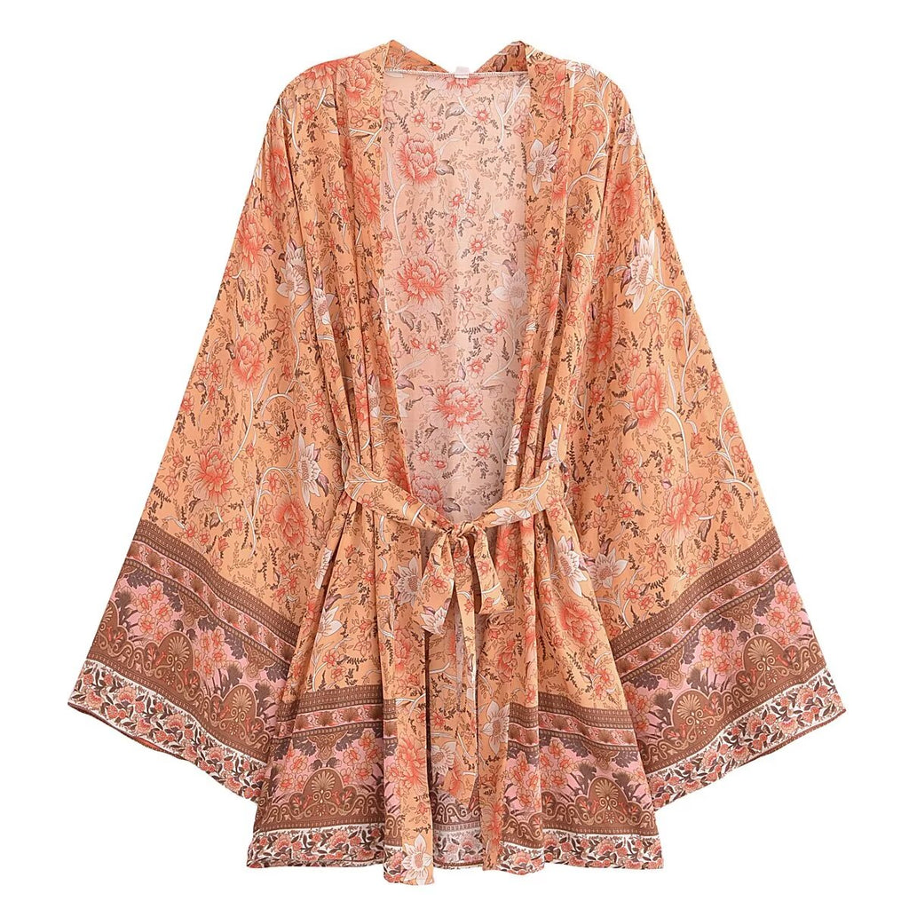Rayon Bedruckter Cardigan Lockere Ärmel Kurzer Kimono zum Schnüren