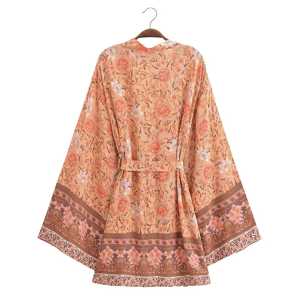 Rayon Bedruckter Cardigan Lockere Ärmel Kurzer Kimono zum Schnüren