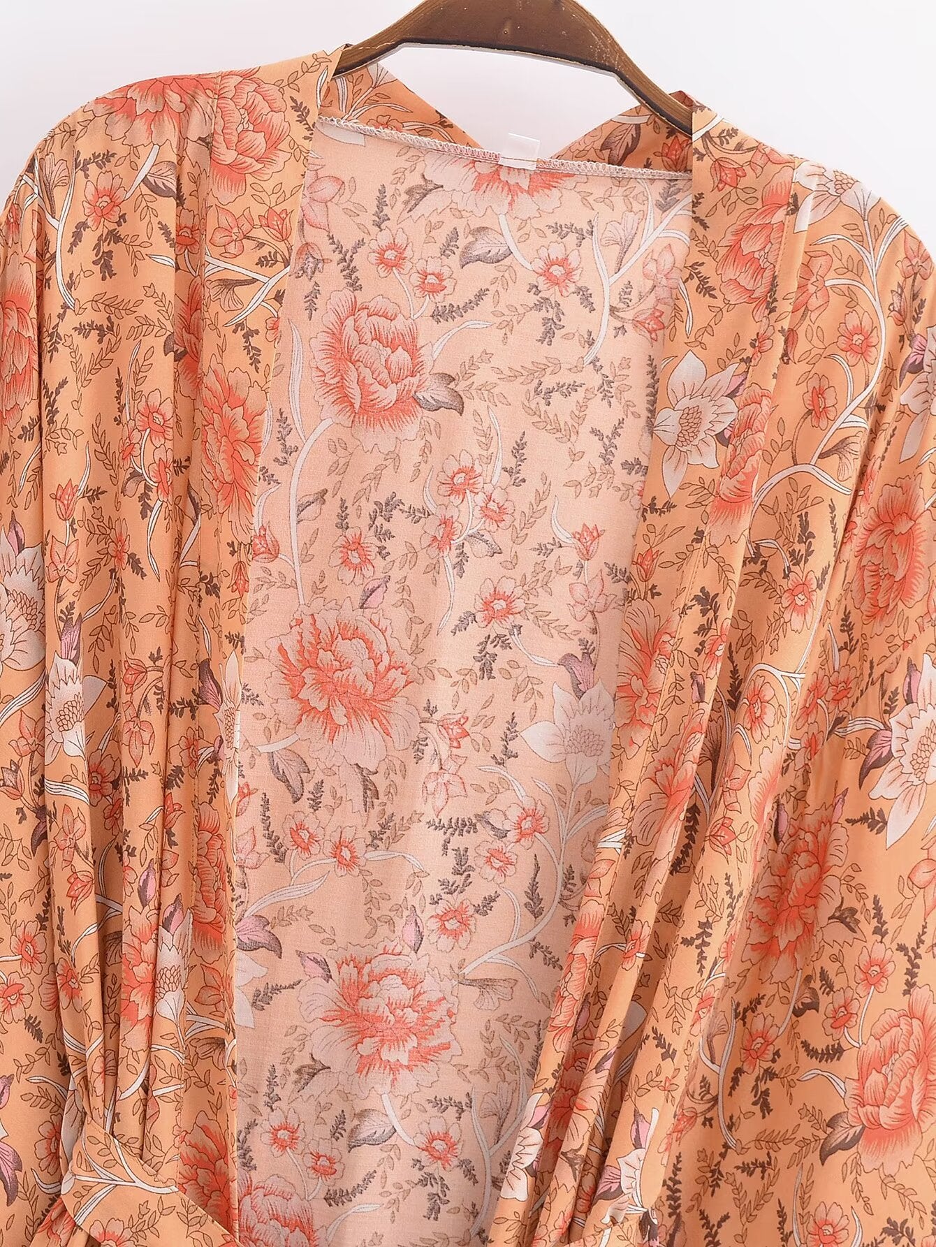 Rayon Bedruckter Cardigan Lockere Ärmel Kurzer Kimono zum Schnüren
