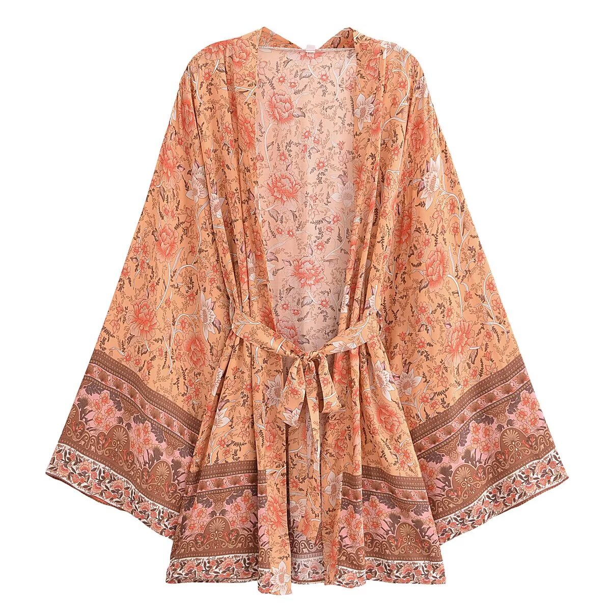 Rayon Bedruckter Cardigan Lockere Ärmel Kurzer Kimono zum Schnüren