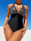 Damen One-Piece-Badeanzug Neckholder Pailletten Sexy Rückenausschnitt Bikini Badeanzug