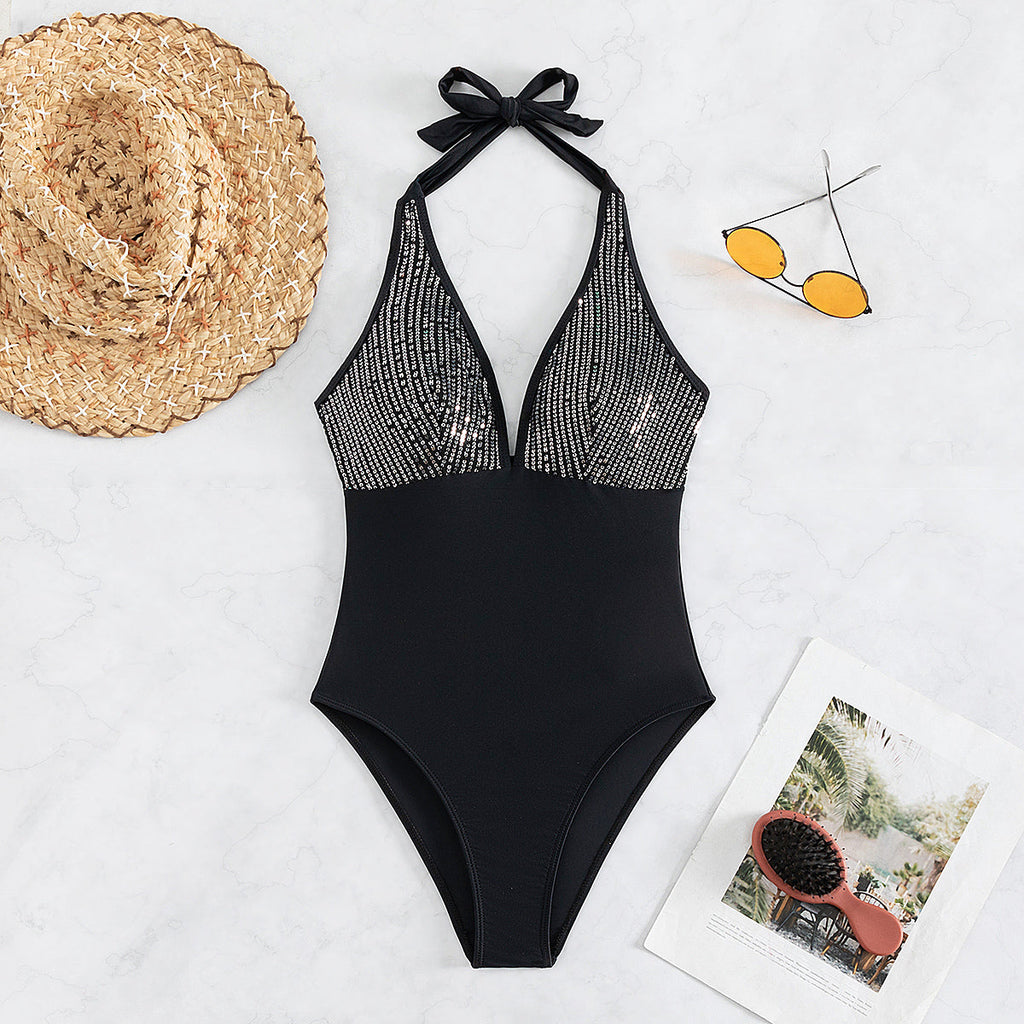Damen One-Piece-Badeanzug Neckholder Pailletten Sexy Rückenausschnitt Bikini Badeanzug