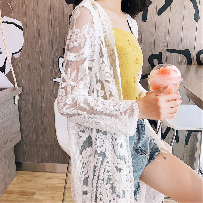 Maillot de bain en maille transparente, long, assorti à un vêtement de protection solaire, cardigan brodé en dentelle, bikini de plage, veste de plage pour femmes.
