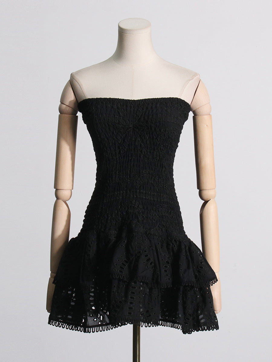 Frühlingshaft sexy elastische Taillen-Tube-Top-Kleid mit Stickerei und Rüschen für Damen