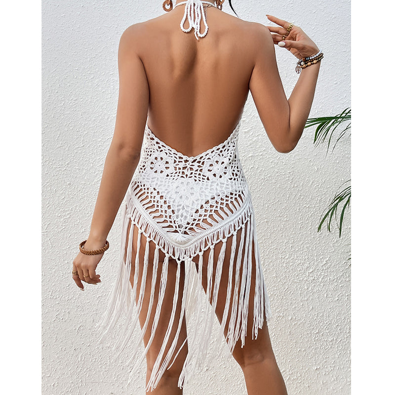Strandurlaub Sexy Großer Rückenausschnitt Handgehäkelt Schnürung Cutout Quaste Bikini Kurzes Oberteil Häkelnadel