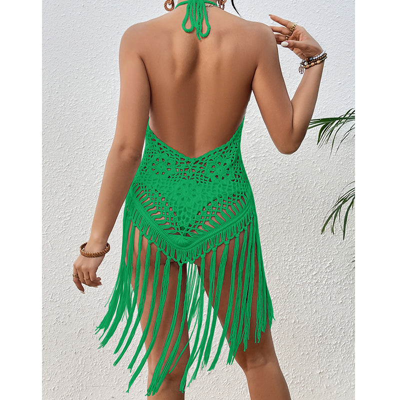Strandurlaub Sexy Großer Rückenausschnitt Handgehäkelt Schnürung Cutout Quaste Bikini Kurzes Oberteil Häkelnadel
