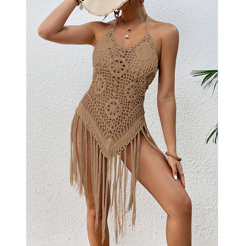 Strandurlaub Sexy Großer Rückenausschnitt Handgehäkelt Schnürung Cutout Quaste Bikini Kurzes Oberteil Häkelnadel