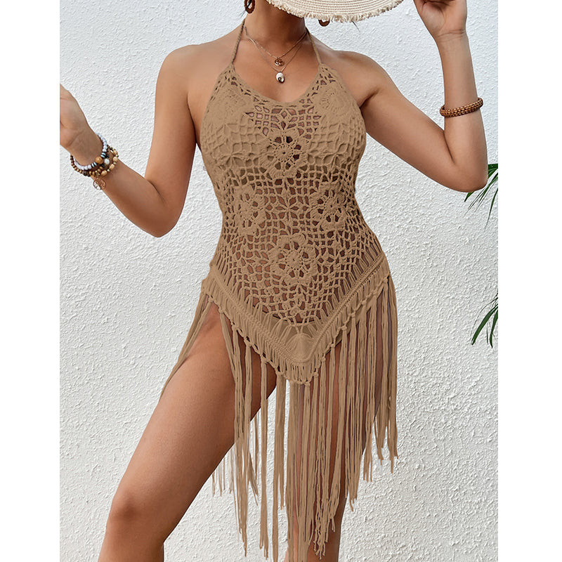 Strandurlaub Sexy Großer Rückenausschnitt Handgehäkelt Schnürung Cutout Quaste Bikini Kurzes Oberteil Häkelnadel