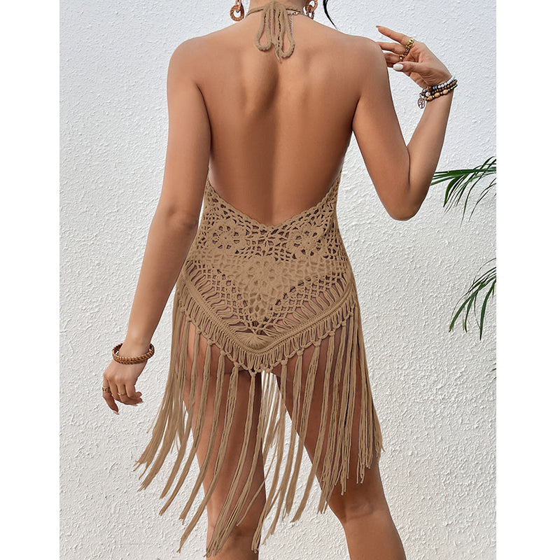 Strandurlaub Sexy Großer Rückenausschnitt Handgehäkelt Schnürung Cutout Quaste Bikini Kurzes Oberteil Häkelnadel