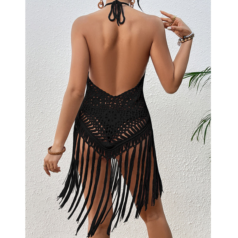 Strandurlaub Sexy Großer Rückenausschnitt Handgehäkelt Schnürung Cutout Quaste Bikini Kurzes Oberteil Häkelnadel