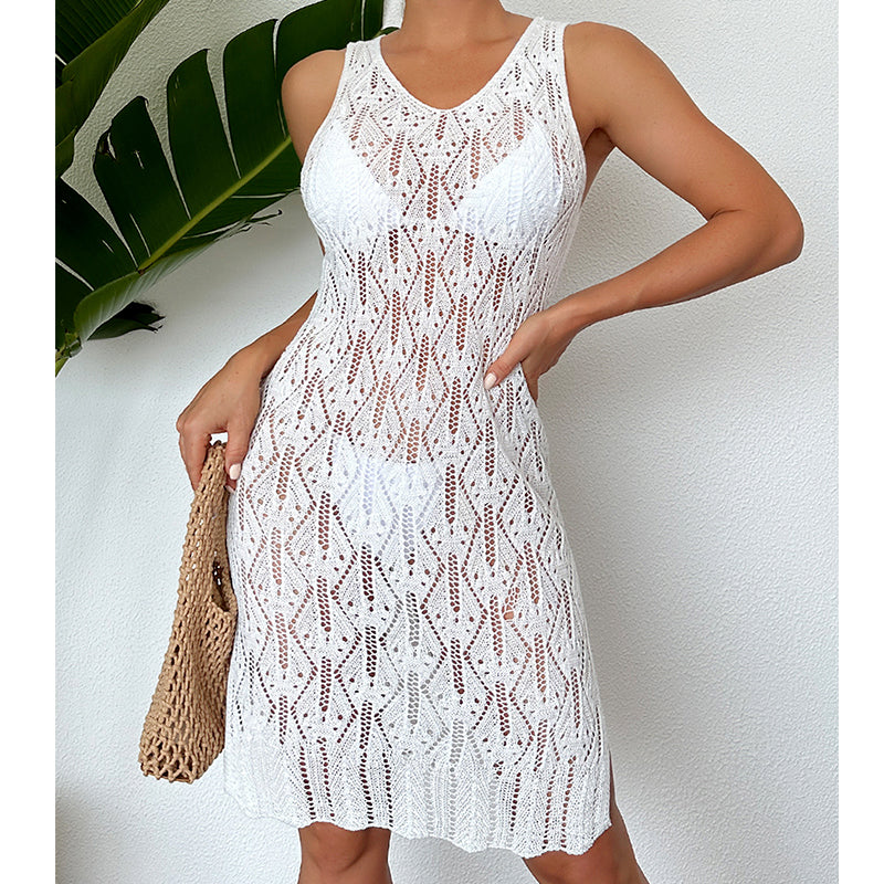 Damen Midilang Sexy Cutout Unifarben Weste Kleid Seitenschlitz Strandkleid Häkelnadel