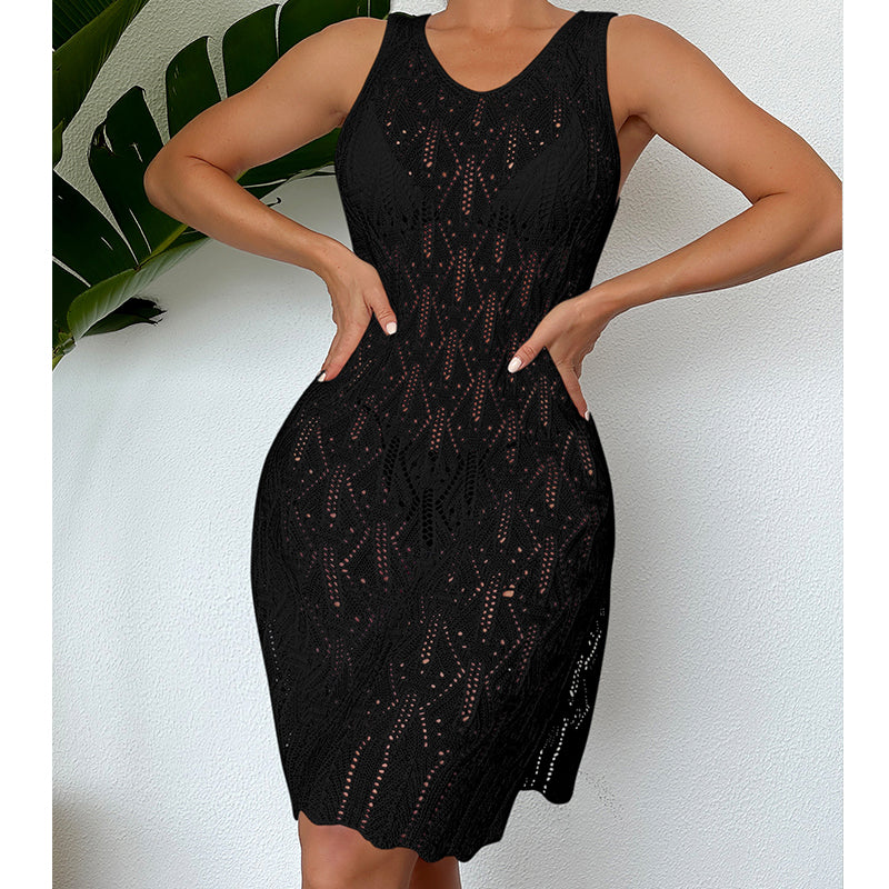 Damen Midilang Sexy Cutout Unifarben Weste Kleid Seitenschlitz Strandkleid Häkelnadel