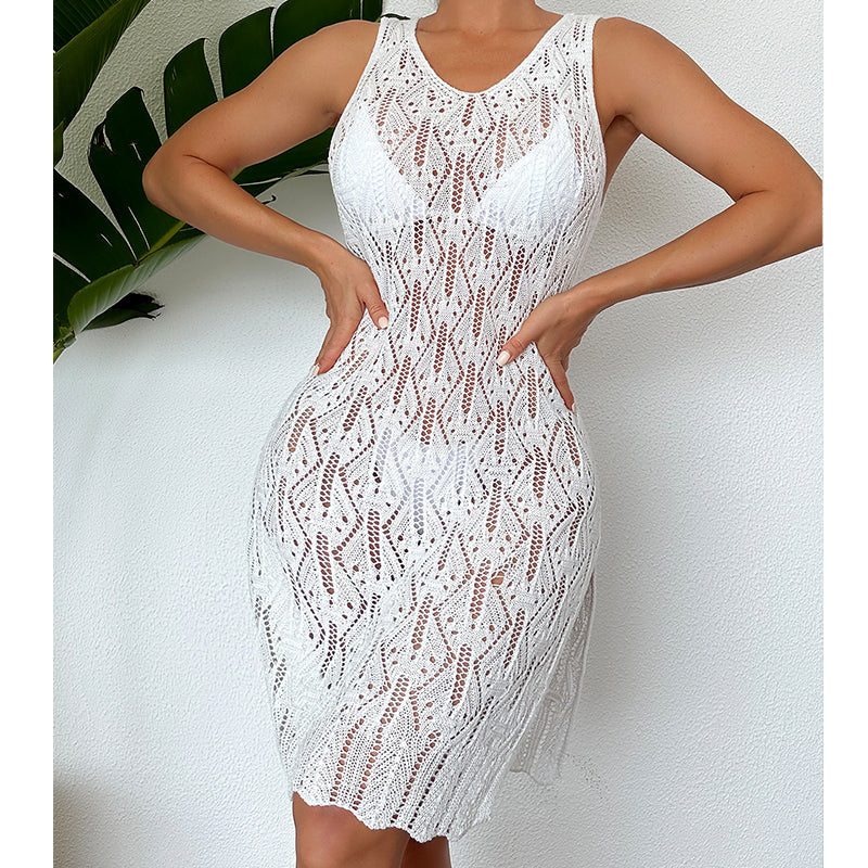 Damen Midilang Sexy Cutout Unifarben Weste Kleid Seitenschlitz Strandkleid Häkelnadel