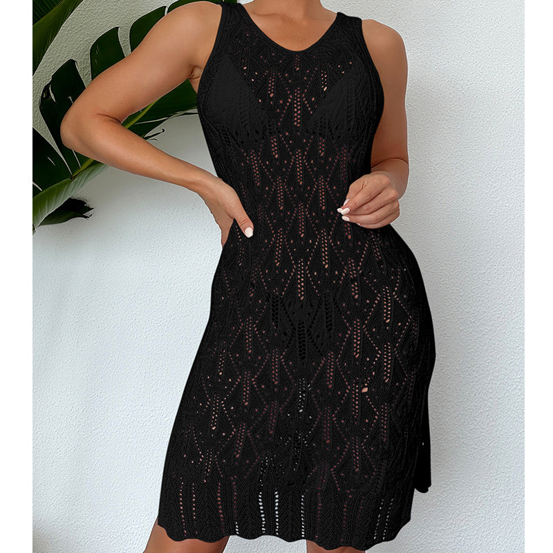 Damen Midilang Sexy Cutout Unifarben Weste Kleid Seitenschlitz Strandkleid Häkelnadel