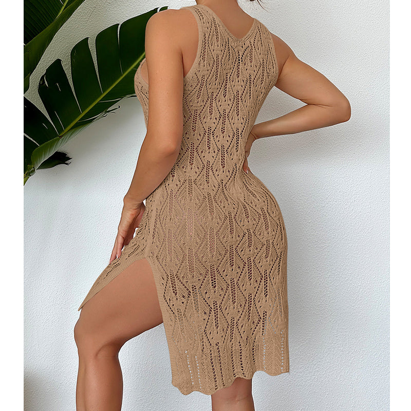 Damen Midilang Sexy Cutout Unifarben Weste Kleid Seitenschlitz Strandkleid Häkelnadel