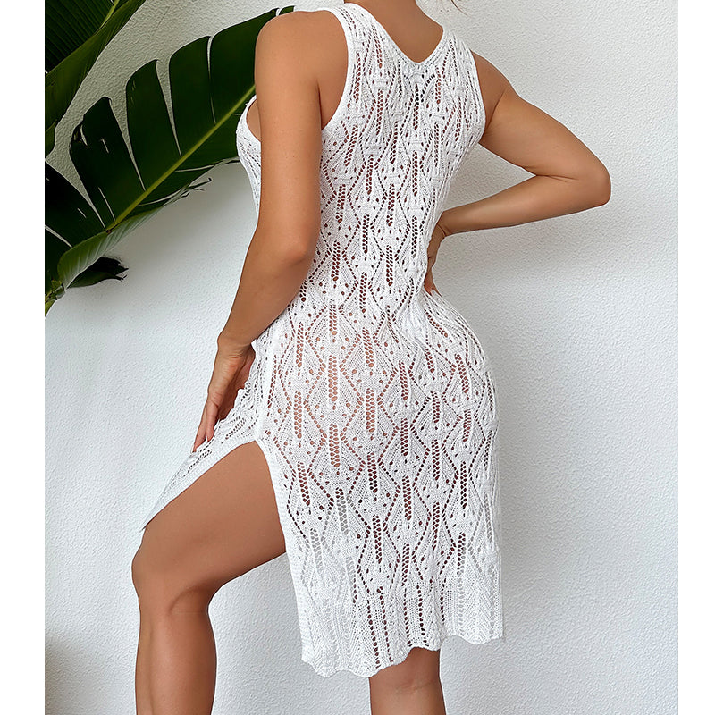 Damen Midilang Sexy Cutout Unifarben Weste Kleid Seitenschlitz Strandkleid Häkelnadel